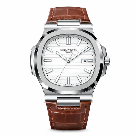 Patek Nautilus Leather Strap Master Lock - Brown-White