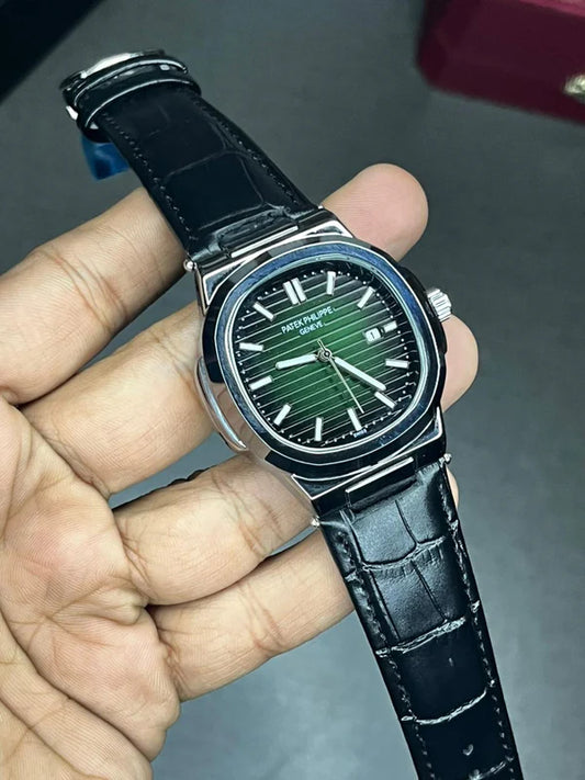 Patek Nautilus Leather Strap Master Lock - Black-Green